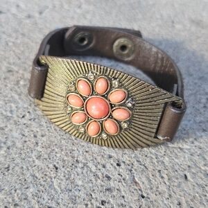 Brown Leather Bracelet with Coral Flower Burst Gold Boho Women's Jewelry